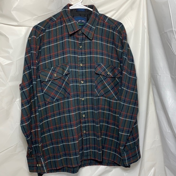 Men’s backpacker green/blue red white plaid button down flannel shirt size L - Picture 2 of 4